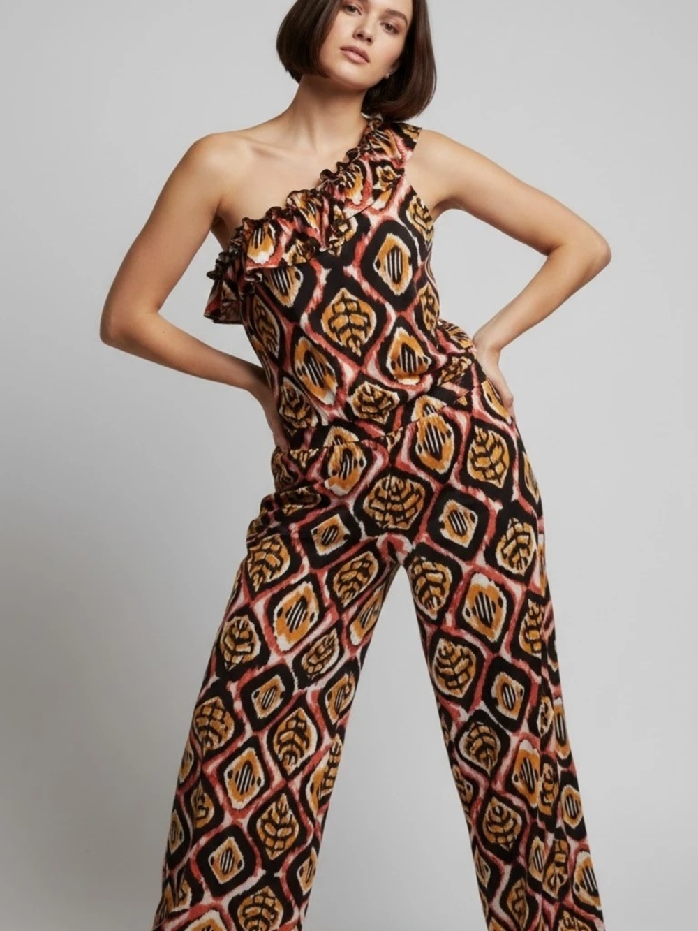 One-Shoulder Printed Wide-Leg Jumpsuit in Brown, Mustard & Orange